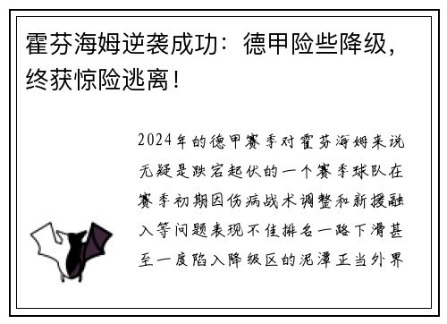 霍芬海姆逆袭成功：德甲险些降级，终获惊险逃离！