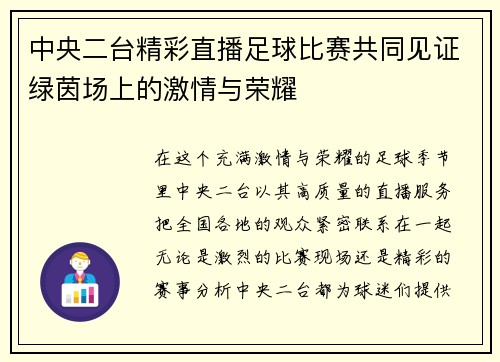 中央二台精彩直播足球比赛共同见证绿茵场上的激情与荣耀
